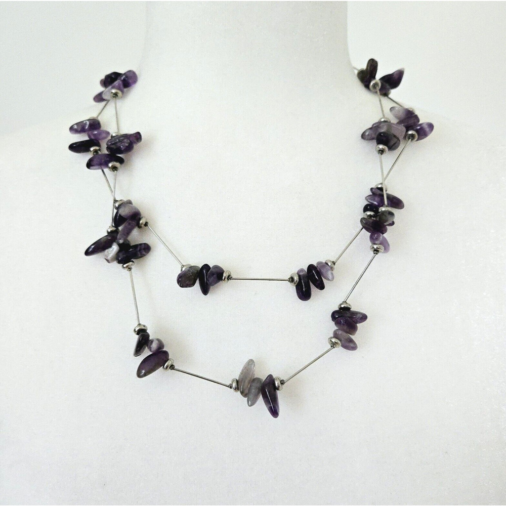 Amethyst Necklace Purple Stone Silvertone Statement Modern Brutalist Maximalist - Picture 7 of 10